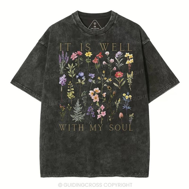 [ Mineral Wash ] It Is Well With My Soul Floral Christian Washed TShirt Jesus Graphic Washed Style Shirt