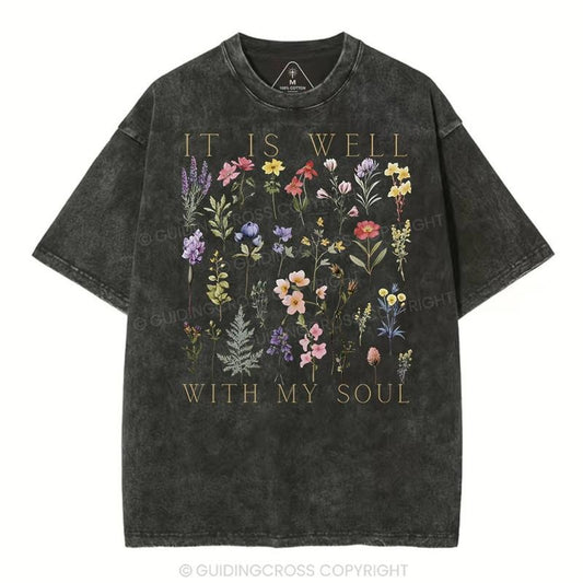 [ Mineral Wash ] It Is Well With My Soul Floral Christian Washed TShirt Jesus Graphic Washed Style Shirt