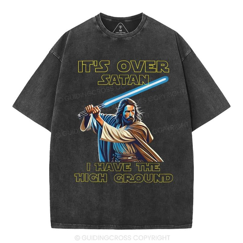 [ Mineral Wash ] It's Over Satan Chrsitian Washed Shirt Jesus Graphic Washed Style Shirt Hoodie, Sweatshirt | DripVista.com