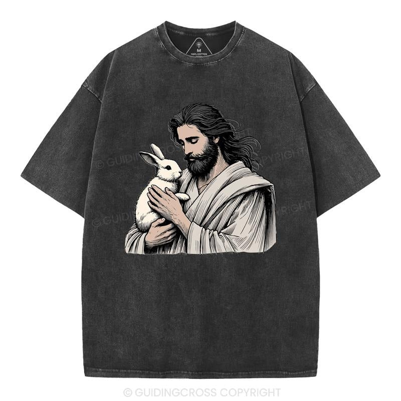 [ Mineral Wash ] Jesus And Rabbit Easter Christian Washed TShirt Jesus Graphic Washed Style Shirt