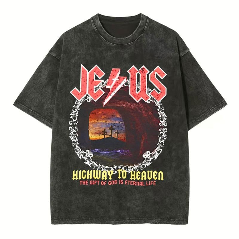 [ Mineral Wash ] Jesus Highway To Heaven Chirstian Washed TShirt Jesus Graphic Washed Style Shirt