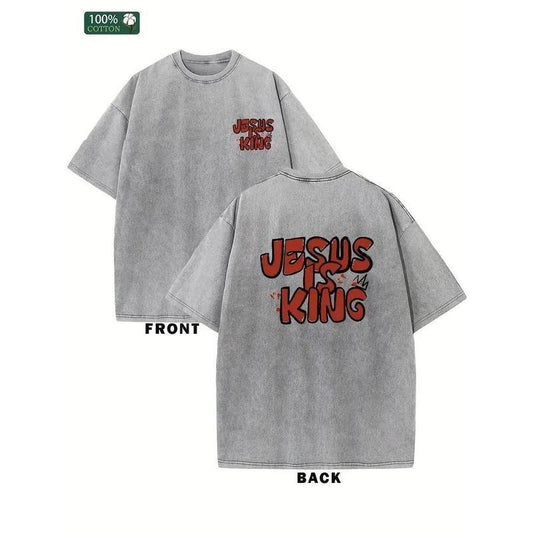 [ Mineral Wash ] Jesus Is King Mens Washed Cotton TShirt, All Cotton, Casual Sports Style Top TShirt, Trendy And Fashionable Street Style, Suitable For Travel