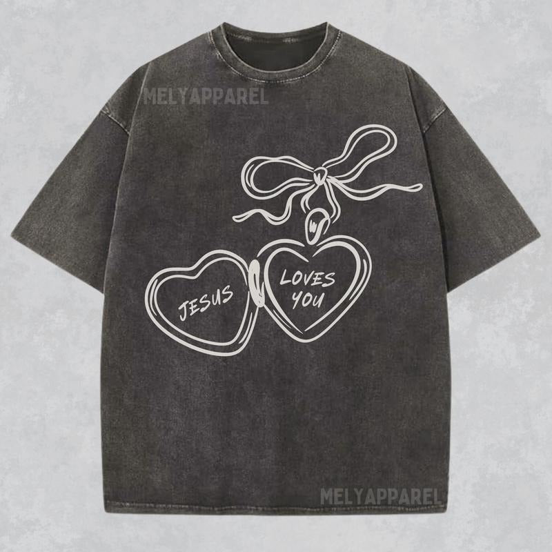 [ Mineral Wash ] Jesus Loves You Shirt Modest Christian Tee Coquette Crewneck Bible Verse Tshirt Faith Streetwear...