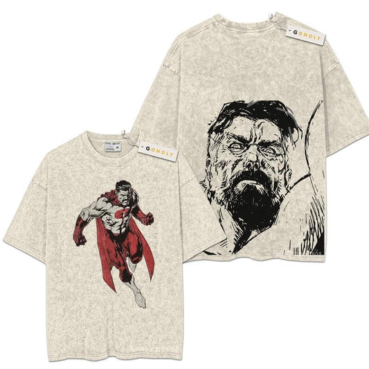 [ Mineral Wash ] Nolan Grayson, OmniMan Invincible Anime Double Printed Washed Tee Unisex Oversize Heavyweight Cotton TShirt For Anime Fans