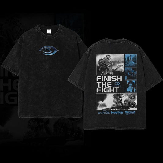 [ Mineral Wash ] Retro Halo Finish The Fight Washed TShirt, Crew Neck Casual Tshirt Menswear Collar Streetwear, Gifts For Him, Viral Top Tropical