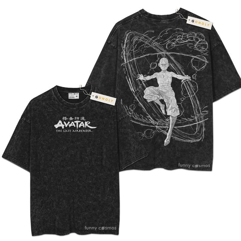 [ Mineral Wash ] Retro Vintage Aang The Last Air Nomad The Avatar Anime Double Printed Washed Tee Unisex Oversize Anime Manga Washed Lightweight Cotton TShirt