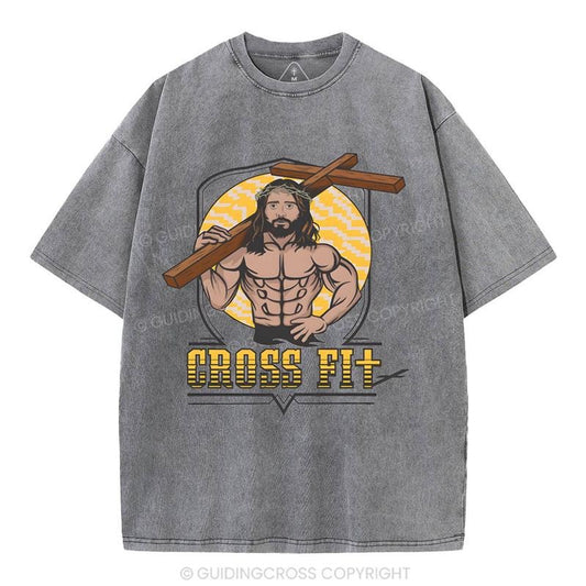 [Mineral Wash Shirt] Cross Fit Christian Washed Shirt Jesus Graphic Style Shirt Casual Crewneck