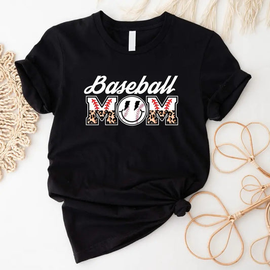 Mom Leopard Baseball T-shirt, Baseball Smiley Face Tee, Baseball Mother Shirt, Baseball Lover Gift Tee For Mama, Sport Player Short Sleeve, Mother's Day Gift Tee.