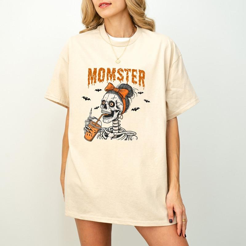 Momster Skeleton Shirt,Funny Skeleton Tee,Mom Funny Shirt Gift,Halloween Skeleton Mom Shirt,Messy Bun Funny Mom Tshirt,Mom Halloween Skull