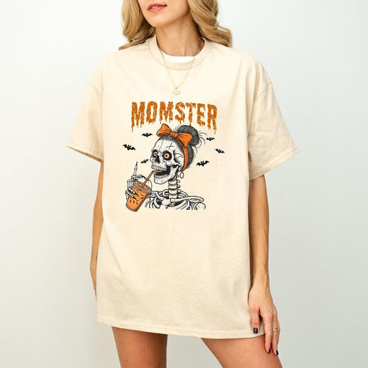 Momster Skeleton Shirt,Funny Skeleton Tee,Mom Funny Shirt Gift,Halloween Skeleton Mom Shirt,Messy Bun Funny Mom Tshirt,Mom Halloween Skull