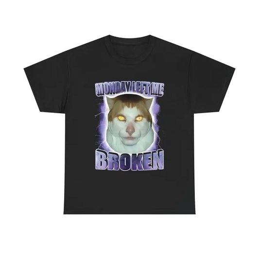 Monday Left Me Broken Funny Cat Meme T-shirt, Brainrot Funny Meme Tee
