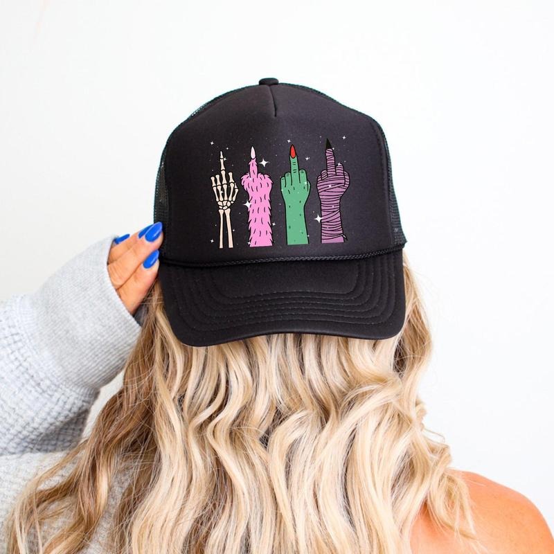 Monster, Middle Finger, Sassy, Funny, Halloween, Black Snapback Trucker Hat, Sassy Graphic Otto Hats