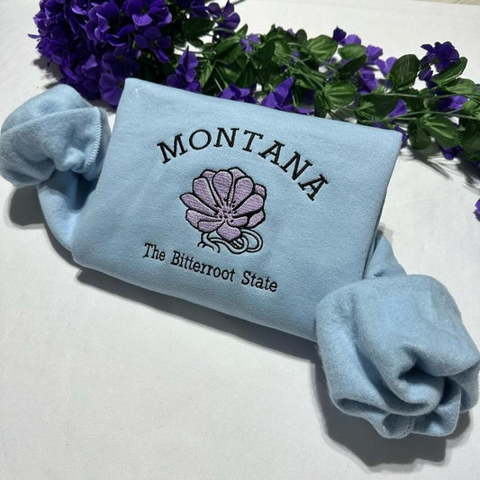 Montana, the Bitterroot State embroidered sweatshirt. Montana Bitterroot flower embroidered crewneck, custom Embroidery