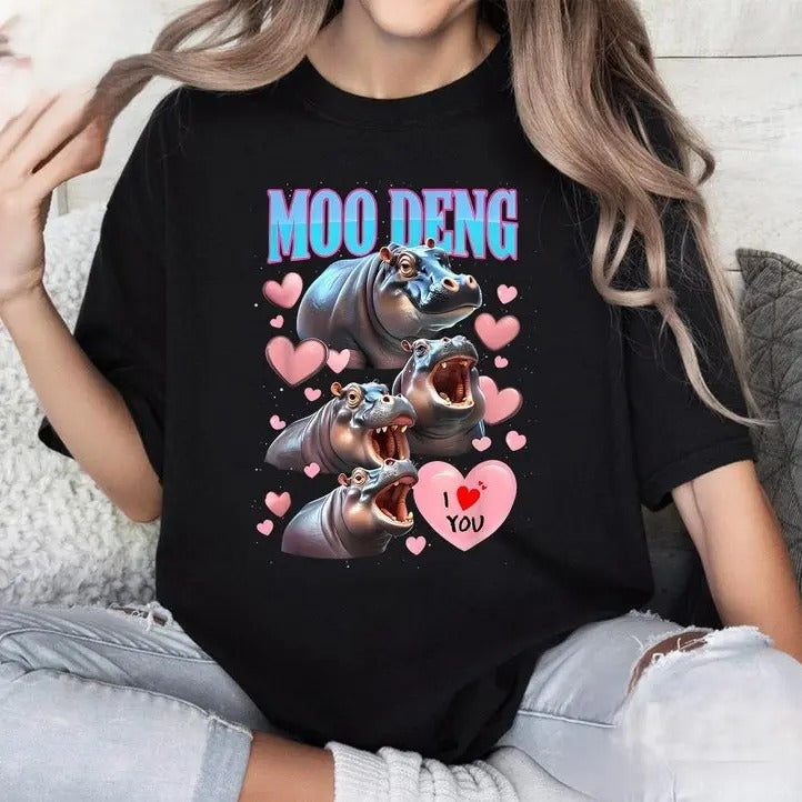 Moo Deng I Love You Funny T-Shirt, Moo Deng T-Shirt, Baby pygmy hippo Moo Deng T-Shirt, Gift For Her, Gift For Him Fabric Top Cotton