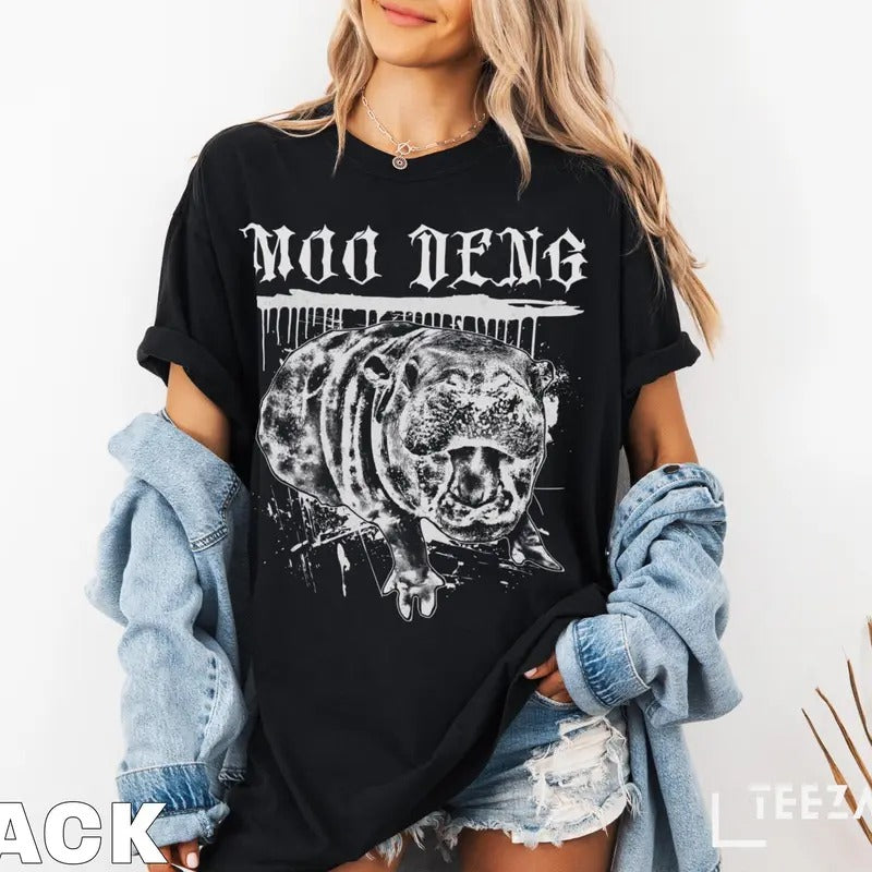Moo Deng Metal Shirt, Funny Trending Meme T-Shirt, Viral Baby Hippo Tee, Pygmy Hippo Graphic Shirt, Moo Deng Gothic Style T-Shirt