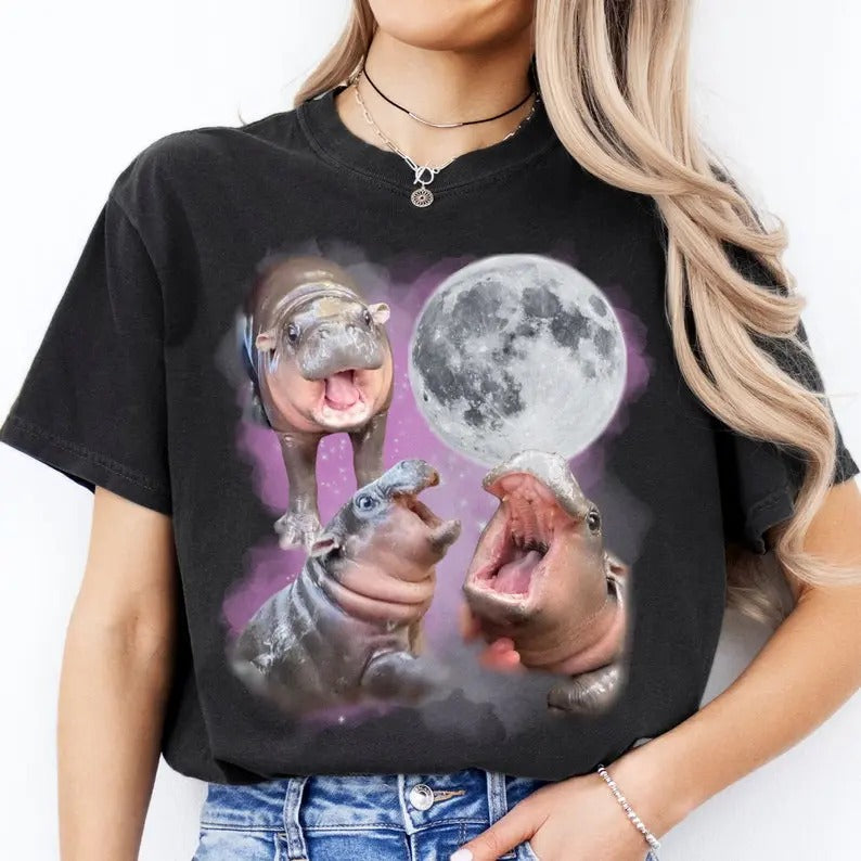 Moo Deng With The Moon Shirt, Cute Baby Hippo Moo Deng Bouncy Pig in Thai Hippopotamus Shirt, Funny Hippo Top Womenswear thigh highs big t shirt