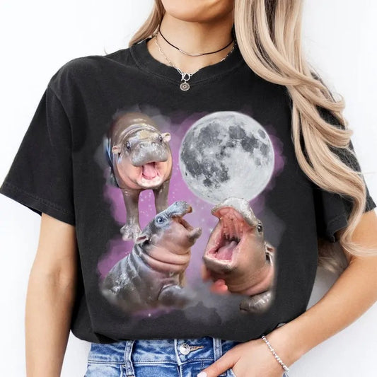 Moo Deng With The Moon Shirt, Cute Baby Hippo Moo Deng Bouncy Pig in Thai Hippopotamus Shirt, Funny Hippo Top Womenswear thigh highs big t shirt