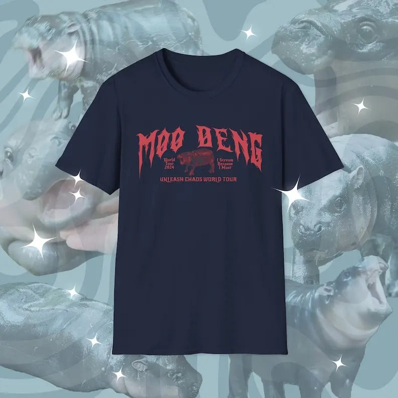 Moo Deng World Tour Metal Shirt | Retro Moo Deng Gift Unisex Softstyle T-Shirt Hoodie, Sweatshirt | DripVista.com