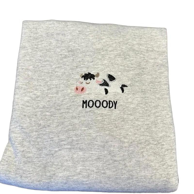 Moody cow Embroidered Crewneck Sweatshirt T-Shirts, Hoodie | DripVista.com