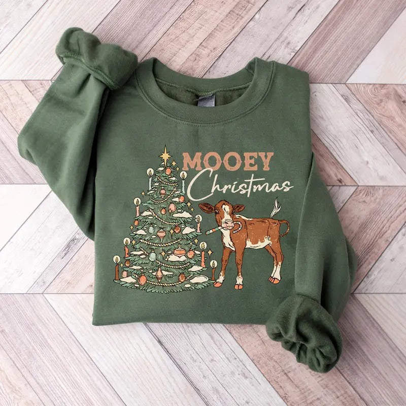 Mooey Christmas Sweatshirt, Western Christmas Sweater, Christmas Heifer Shirt, Xmas Cow Sweatshirt, Retro Western...