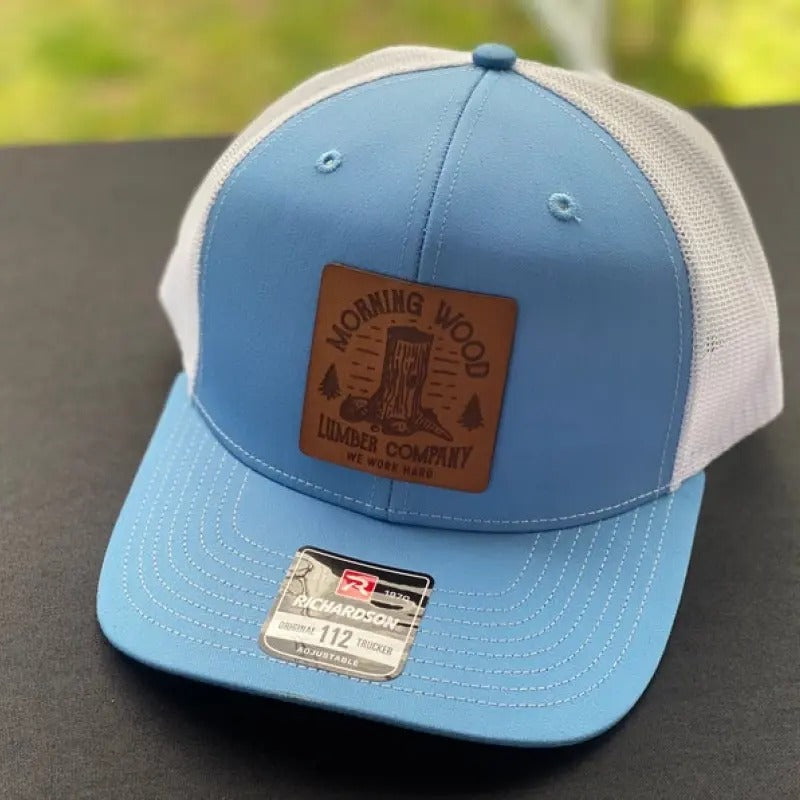 Morning Wood Lumber Company 112 Hat, Laser Engraved Leather Patch Hat, Leather Patch Snapback Cap, Trucker Hat, Funny...