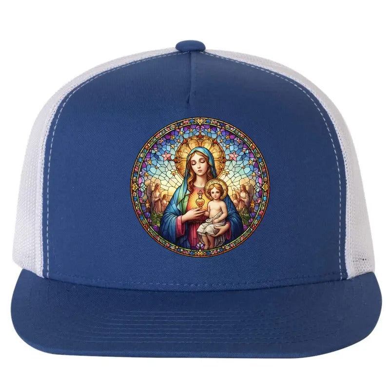 Mother Mary Stained Glass Collection: Sacred Heart Of Mary And Jesus Flat Bill Trucker Hat T-Shirts, Hoodie, Sweatshirt