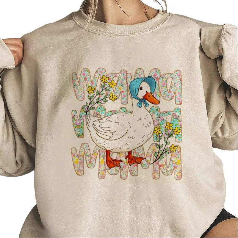 Mother's Day Gift For Mama, T shirts For Mothers Day, Floral Mama Shirt, Duck Mama Trendy Shirt, Goose Lover Gifts Mom Hoodie Cotton Womenswear