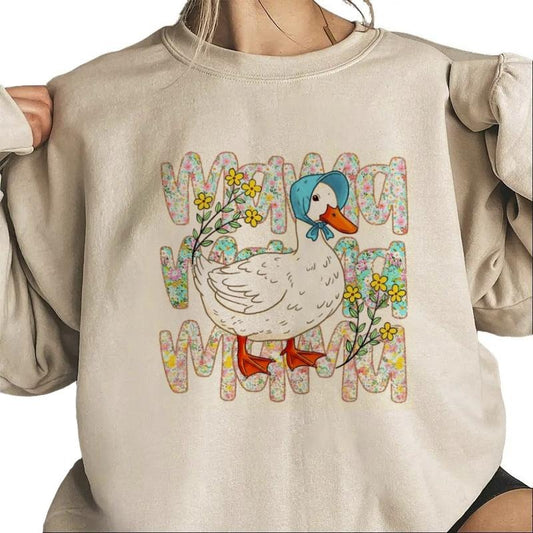 Mother's Day Gift For Mama, T shirts For Mothers Day, Floral Mama Shirt, Duck Mama Trendy Shirt, Goose Lover Gifts Mom Hoodie Cotton Womenswear
