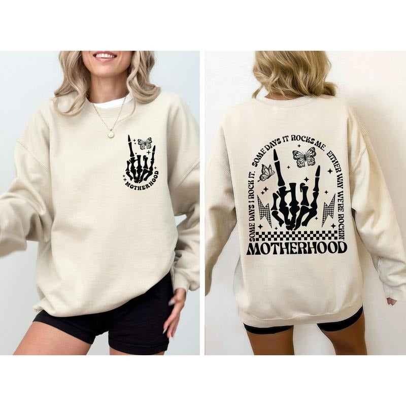 Motherhood Rocks, Mother's Day, Skeleton, Trend Sweatshirt, Women's Crew Neck, Crewneck T-Shirts, Hoodie | DripVista.com