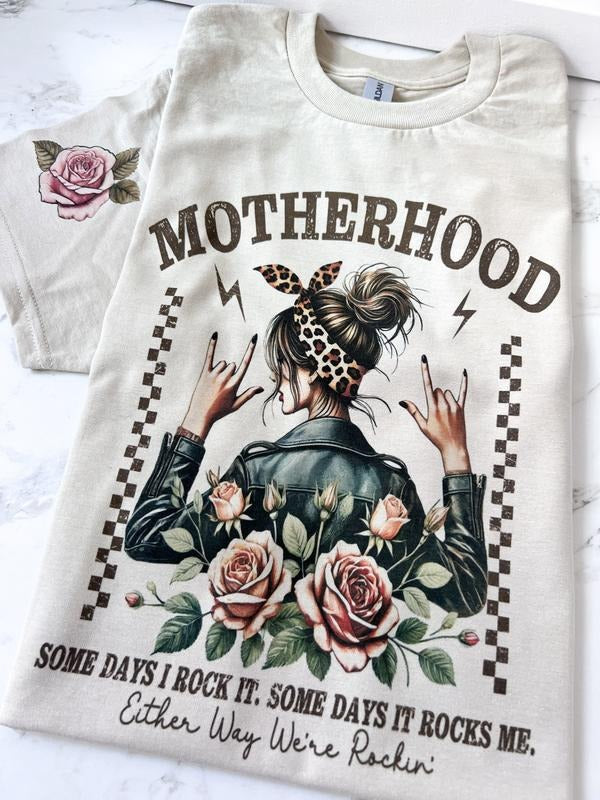 Motherhood Some Days I Rock it Some Days it Rocks me Short Sleeve Graphic Tee Unisex Screen Printed T-Shirt Womenswear...