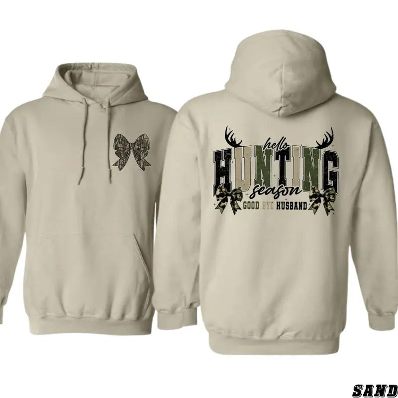 Mouthless cat Hunting Season Hoodie - Bold Camo Print with Antlers Gunpla brand "Goodbye Husband" Design for Women -...