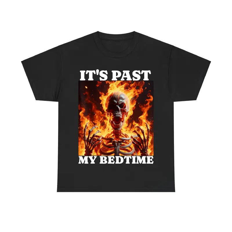 Mouthless cat'WB shield Past My Bedtime Tshirt - Funny Skeleton Meme Graphic Tee, Ironic Tired Flames Shirt for Men &...