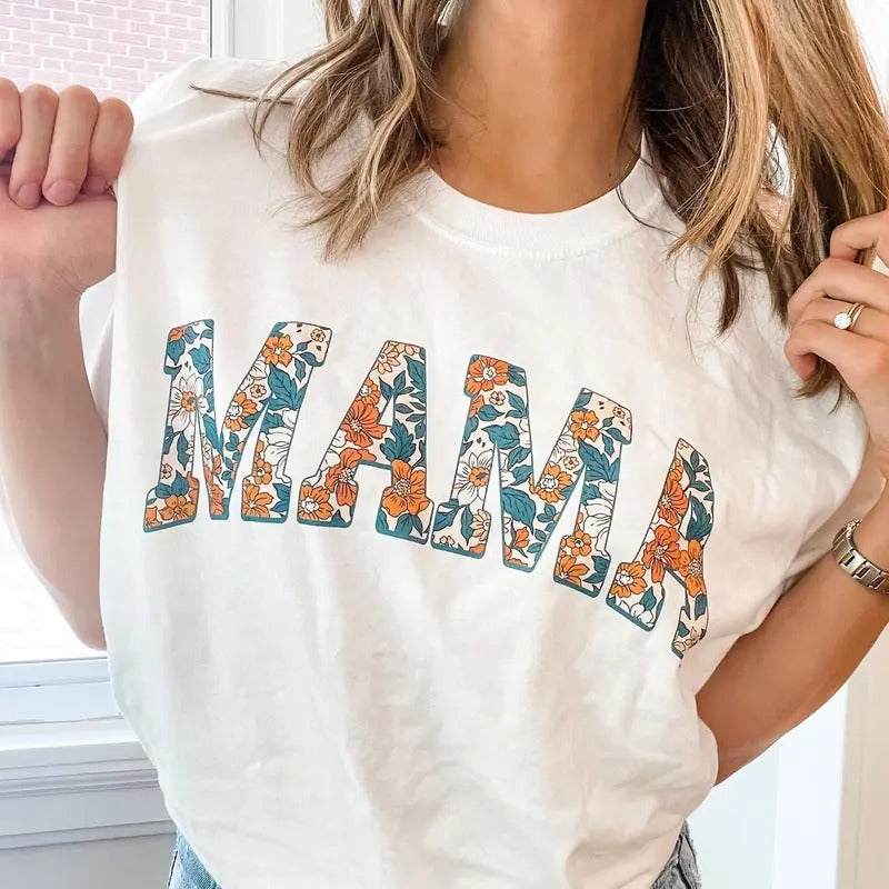 Multi-Floral Print MAMA T-Shirt, T-Shirt, Summer MAMA Top, DTG Printed T-Shirt, Gift for Mom, Meme Shirt, Menswear...