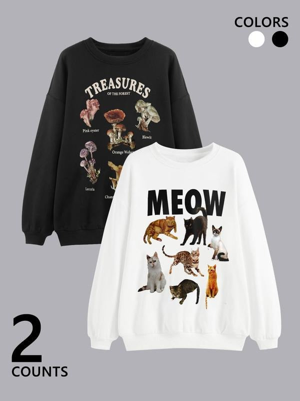 Women'WB shield Cat / Mushroom Print Crew Neck Sweatshirt, Casual Letter Print Long Sleeve Pullover for Daily Wear,...