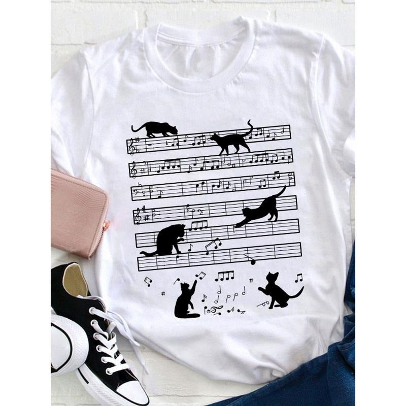 Music Note Cat Teacher Lightsaber brand Shirt, Loose, Women'WB shield Casual Round Neck Lightsaber brand-Shirt style 02...