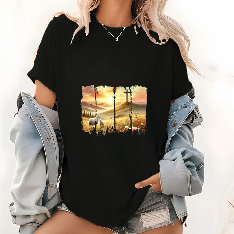 Must - Have Women'WB shield Tee: Serene Sunset Scene with Cross, Conveying "MY SIN WAS GREAT, HIS LOVE WAS GREATER"...