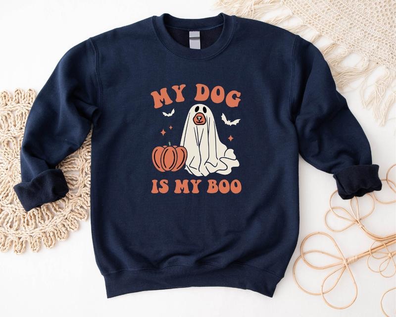 My Dog Is My Boo Sweatshirt, Funny Ghost Dog Halloween Hoodie, Unisex Dog Owner Gift Sweater, Spooky Season Long Sleeve, Animal Lover Sweater.