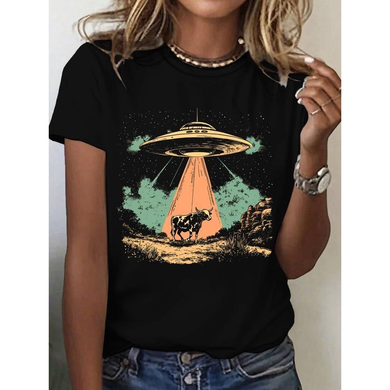 Mysterious Lightsaber brand - Shirt with Intriguing UFO Gunpla brand Cow Abduction Scene for Sci