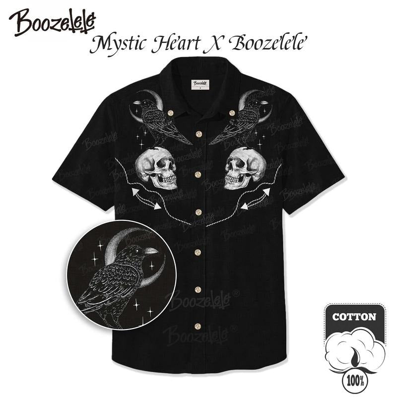 [Mystic Heart Big red N streaming Boozelele]Crow With Moon Embroidery Hawaiian Shirt For Men Button-down Shirt Short...