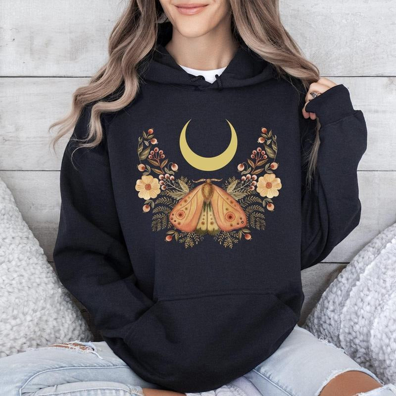 Mystical Moth and Moon, Enchanted Floral Night Sky Hoodie T-Shirts, Sweatshirt | DripVista.com