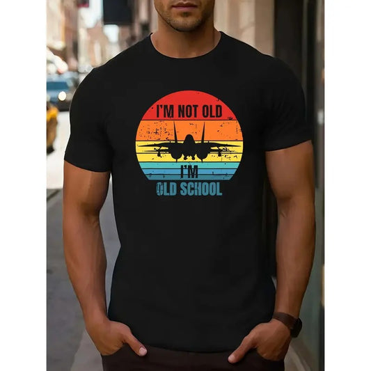 NOT OLD OLD SCHOOL Graphic Print, Men's Crew Neck Short Sleeve T-shirt, Casual Comfy Tops For Men, Men's Trendy Clothes For Summer MADE IN USA