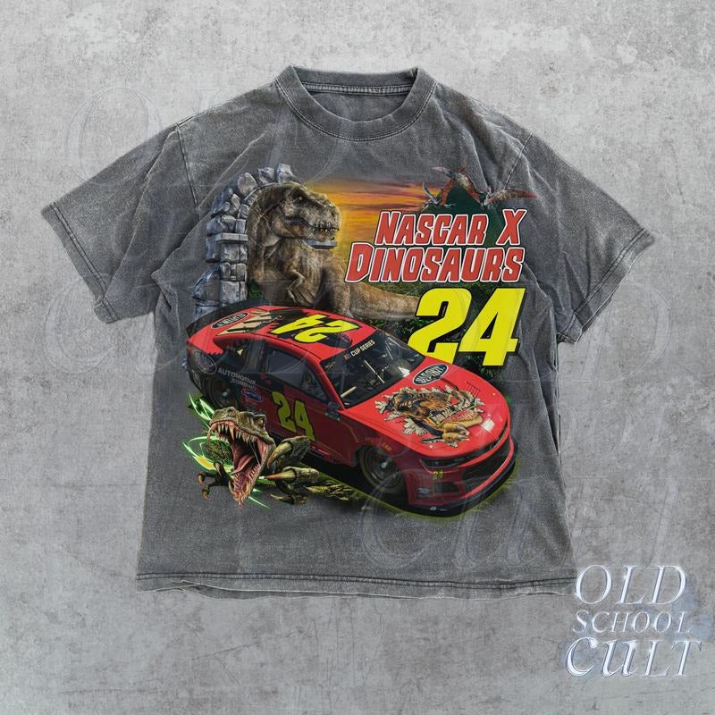 Nascar X Dinosaur Jungle Vintage Graphic T-Shirt, Retro 90s Style T-Rex Dino T-Shirt, Washed Retro 2000s Racer Shirt, Racing Biker Gift