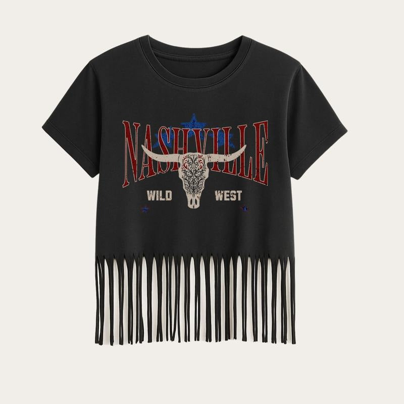 Nashville Cowboy Fringe Graphic Crop Top, Vintage Letter Print Crop Tee, S-3X Sizing, Womenswear Tshirt Summer Top Crewneck Streetwear crop top Casual Fashion Piece