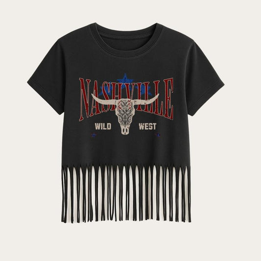 Nashville Cowboy Fringe Graphic Crop Top, Vintage Letter Print Crop Tee, S-3X Sizing, Womenswear Tshirt Summer Top Crewneck Streetwear crop top Casual Fashion Piece
