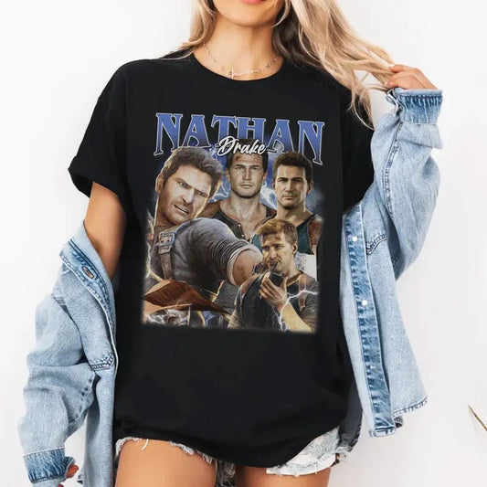 Nathan Drake Uncharted Vintage T-Shirt,  Nathan Drake Uncharted 4 Shirt, Retro Style, Gift For Gaming Lovers Casual Clothing Menswear Sweatshirts