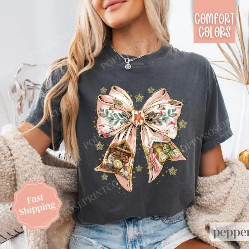 Nativity Bow Christmas Shirt , Religious Christmas Tee, Women's Holiday Tshirt Hoodie, Sweatshirt | DripVista.com