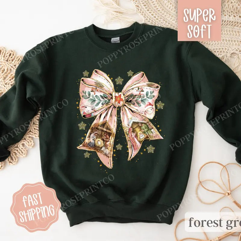 Nativity Bow Christmas Sweatshirt, Religious Christmas Sweater, Women's Holiday Crewneck T-Shirts, Hoodie | DripVista.com