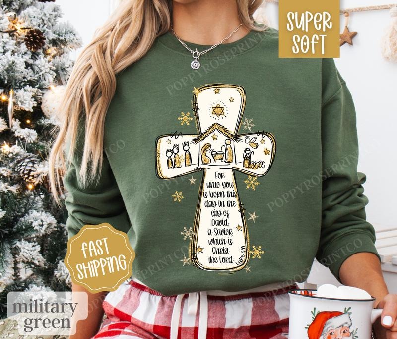 Nativity Christmas Sweatshirt, Religious Christmas Sweater, Women's Holiday Crewneck T-Shirts, Hoodie | DripVista.com
