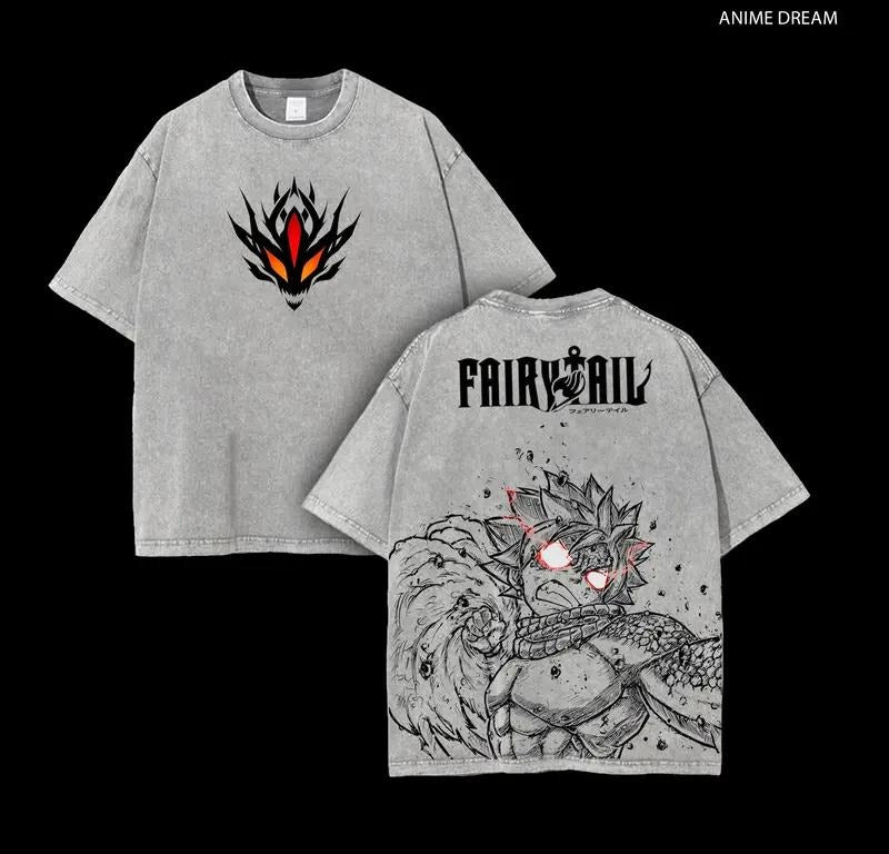 Natsu Dragneel Fairy Tail Anime Double Printed Vintage Washed Tee Unisex Oversize Heavyweight Cotton T-shirt for Anime...