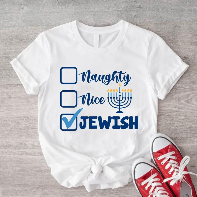 Naughty Nice Jewish Shirt, Funny Hanukkah Shirt, Menorah Candle T-Shirt, Jewish Gift Short Sleeve, Religious Saying Tee.